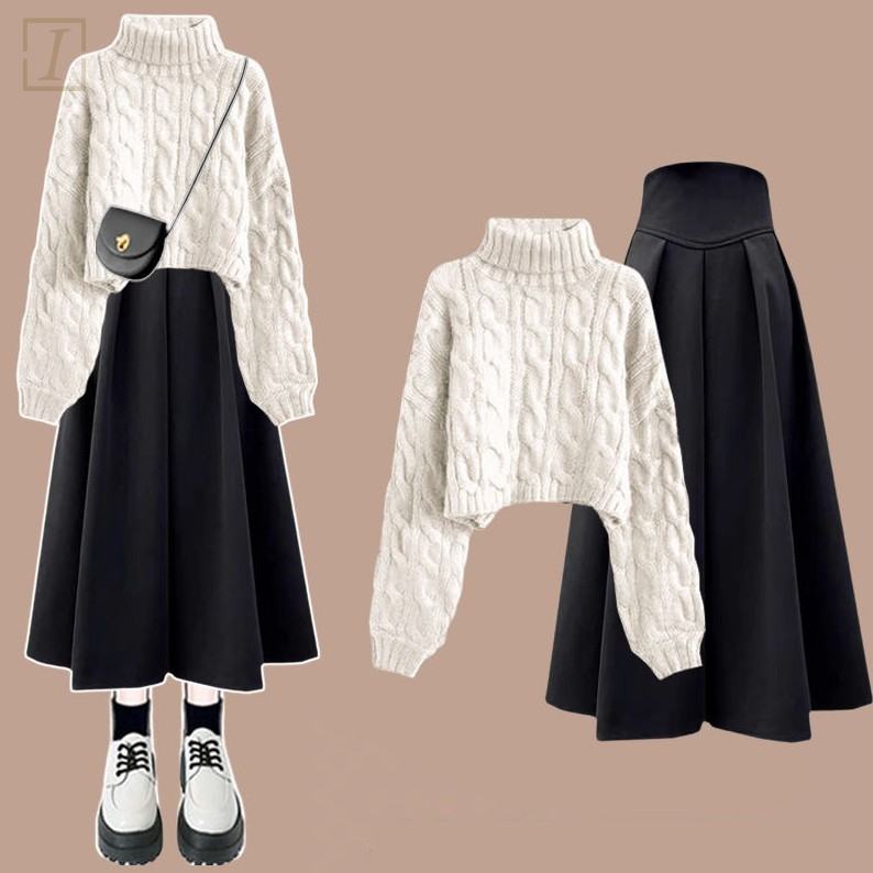 白色毛衣+黑色裙類/套裝