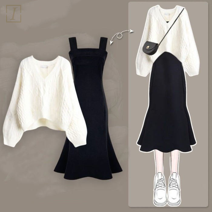 白色毛衣+黑色洋裝/套裝