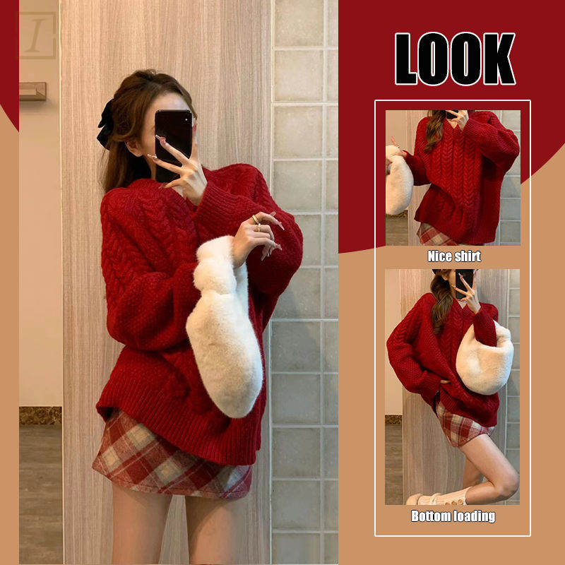 紅色毛衣+格紋裙類/套裝