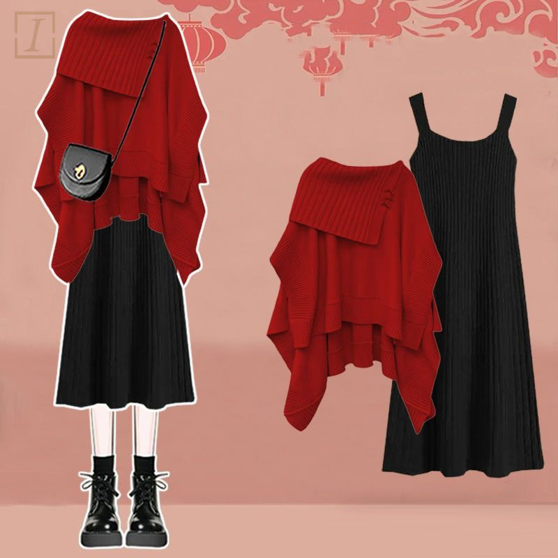 紅色毛衣+黑色針織洋裝/套裝