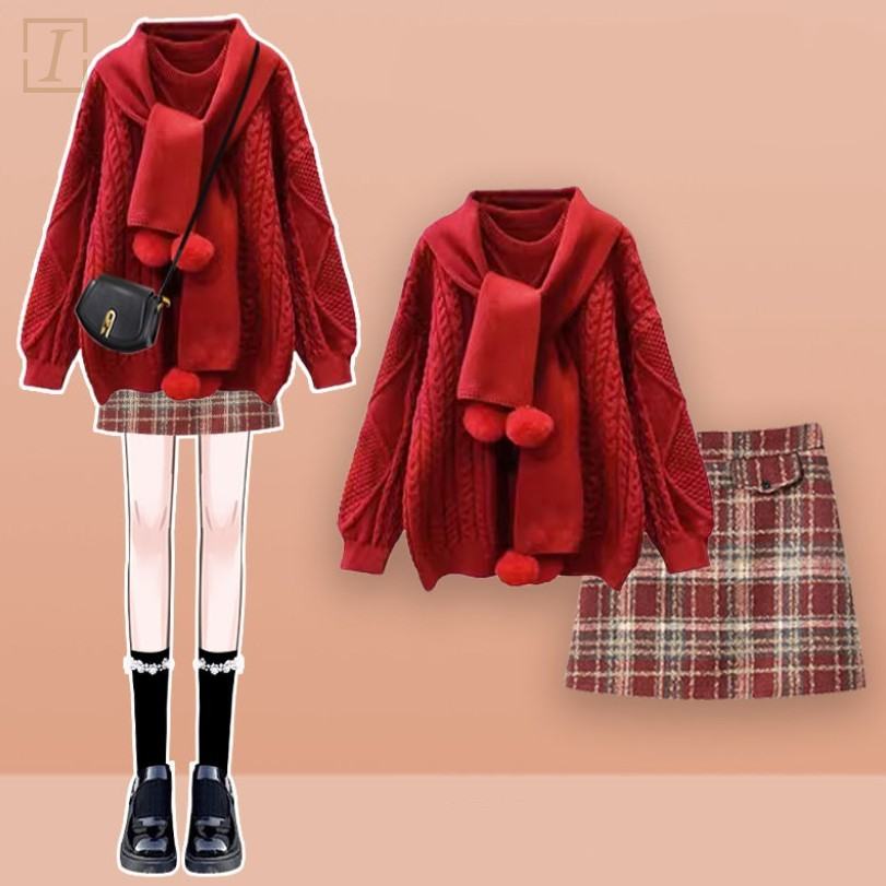 紅色毛衣+格紋裙類（無圍巾）