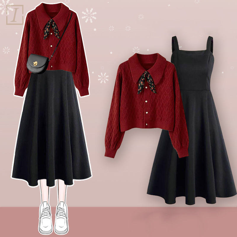 紅色/毛衣+黑色/洋裝/套裝