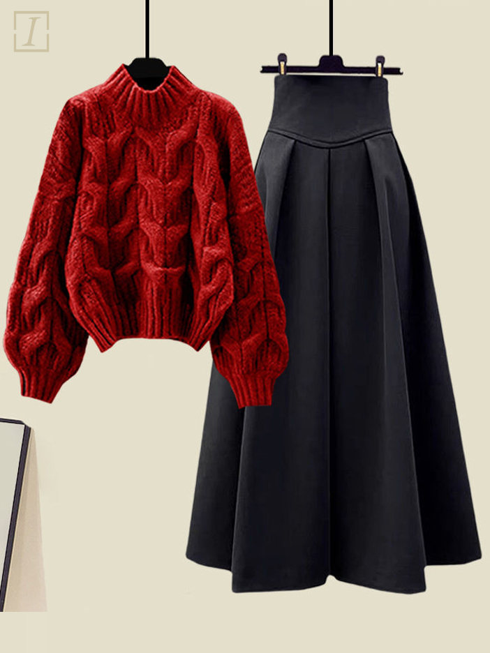 紅色毛衣黑色裙類/套裝