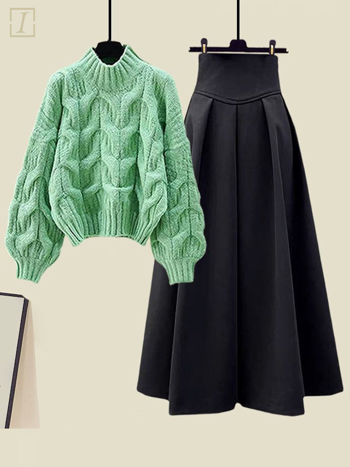 绿色毛衣黑色裙類/套裝