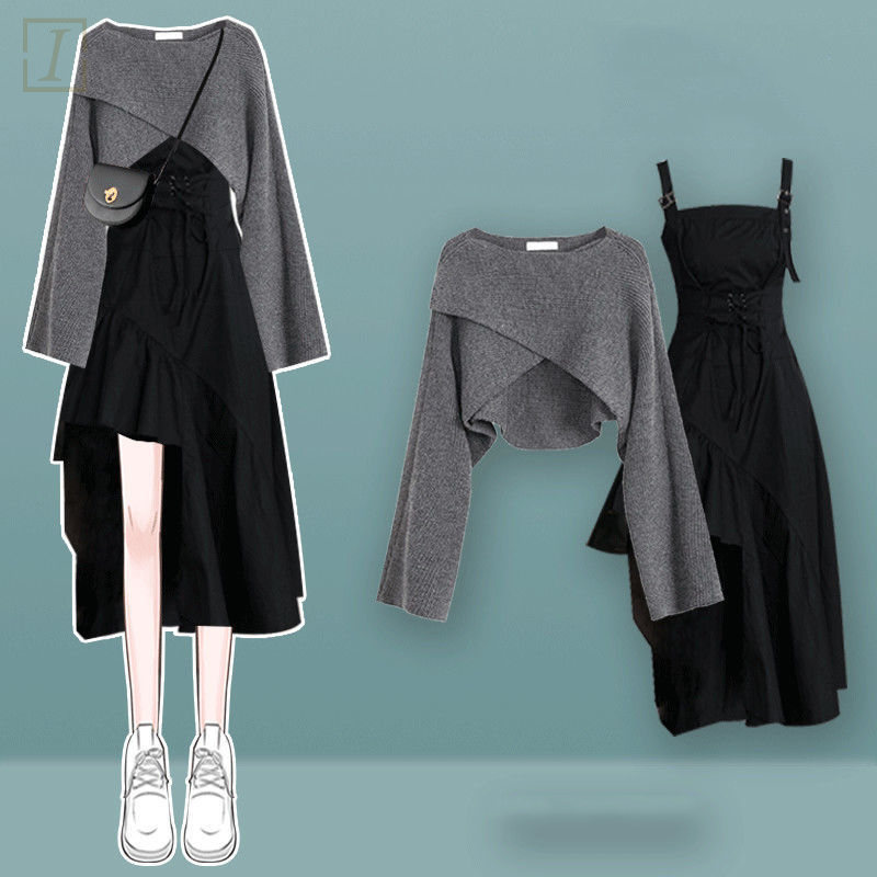 灰色毛衣+黑色洋裝/套裝
