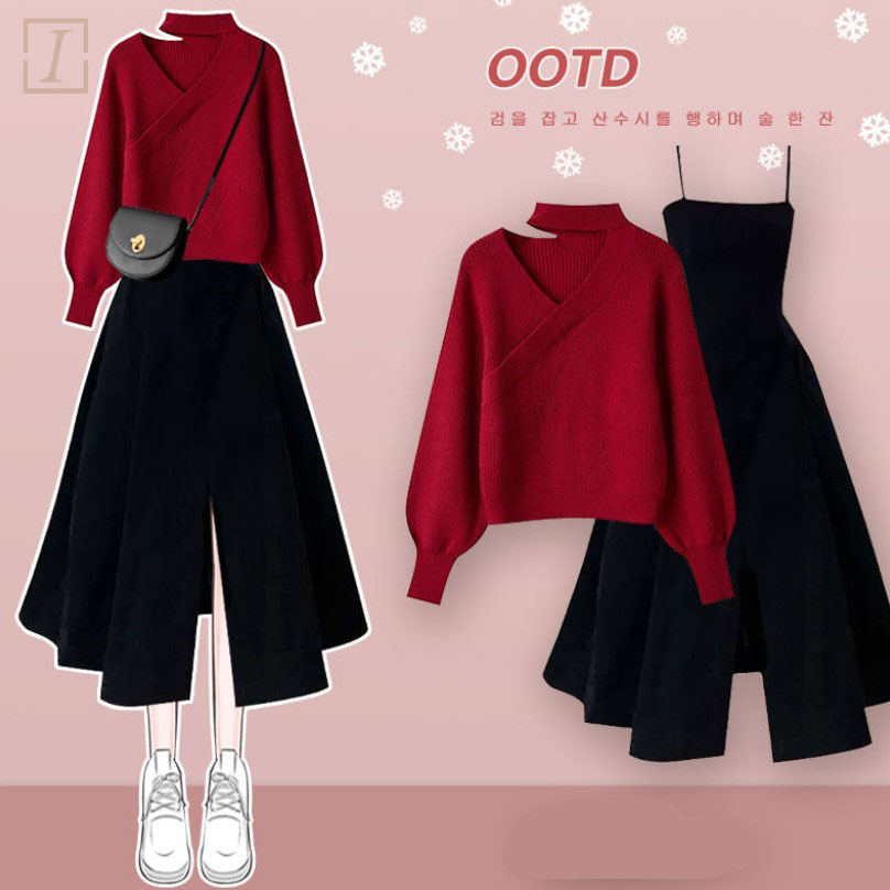 紅色毛衣+黑色吊帶洋裝/套裝