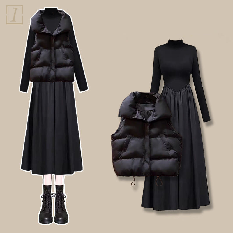 黑色馬甲+黑色針織洋裝/兩件套