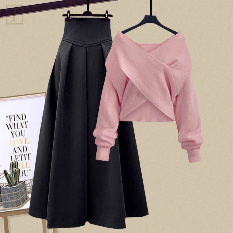 黑色裙類+粉色針織衫