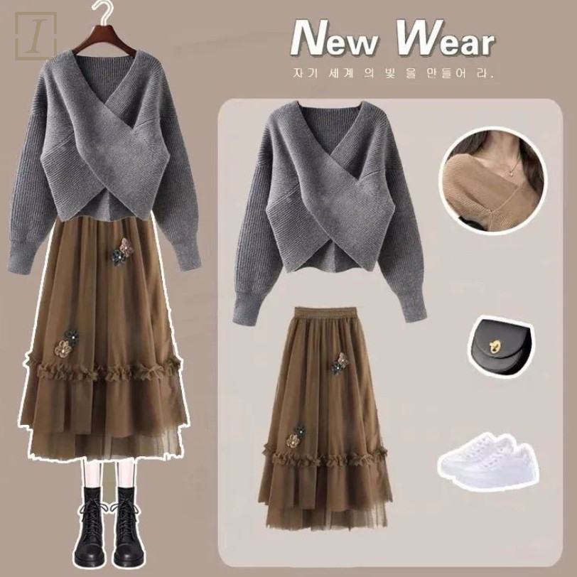 灰色針織+咖色裙類/套裝