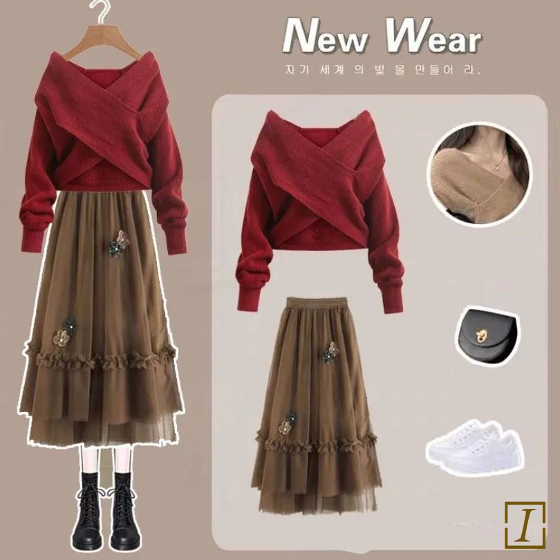 紅色針織+咖色裙類/套裝