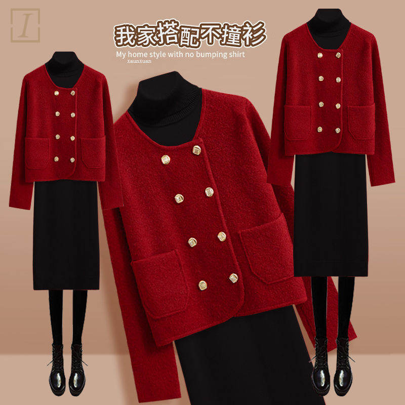 紅色/毛衣+黑色/裙類/套裝