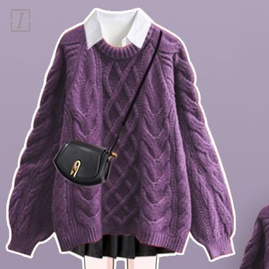 紫色毛衣+白色襯衫/兩件套