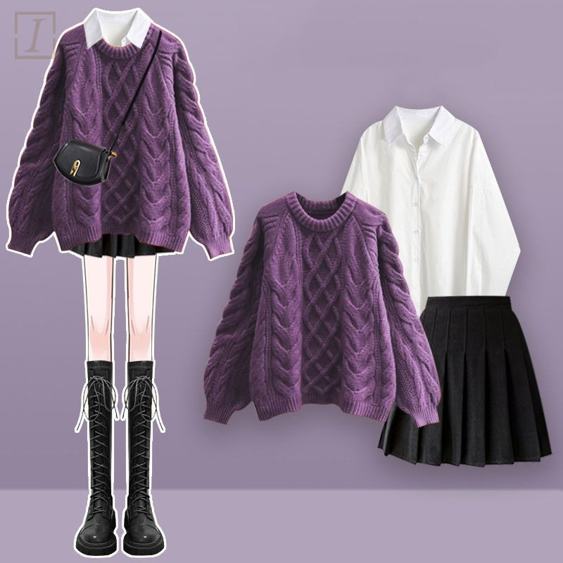 紫色毛衣+白色襯衫+黑色百褶裙/三件套