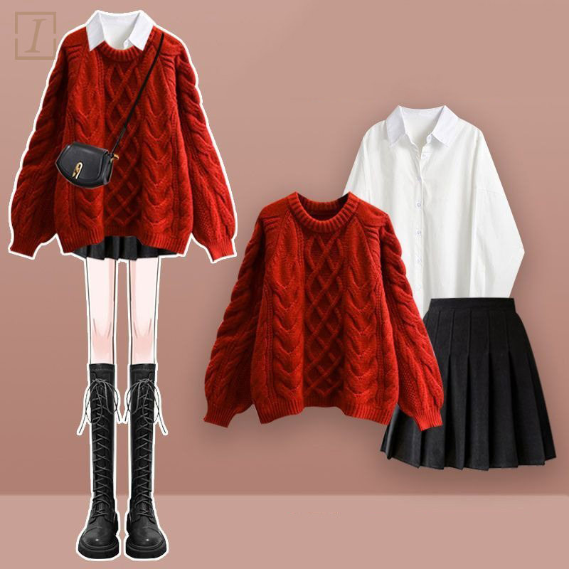 紅色毛衣+白色襯衫+黑色百褶裙/三件套