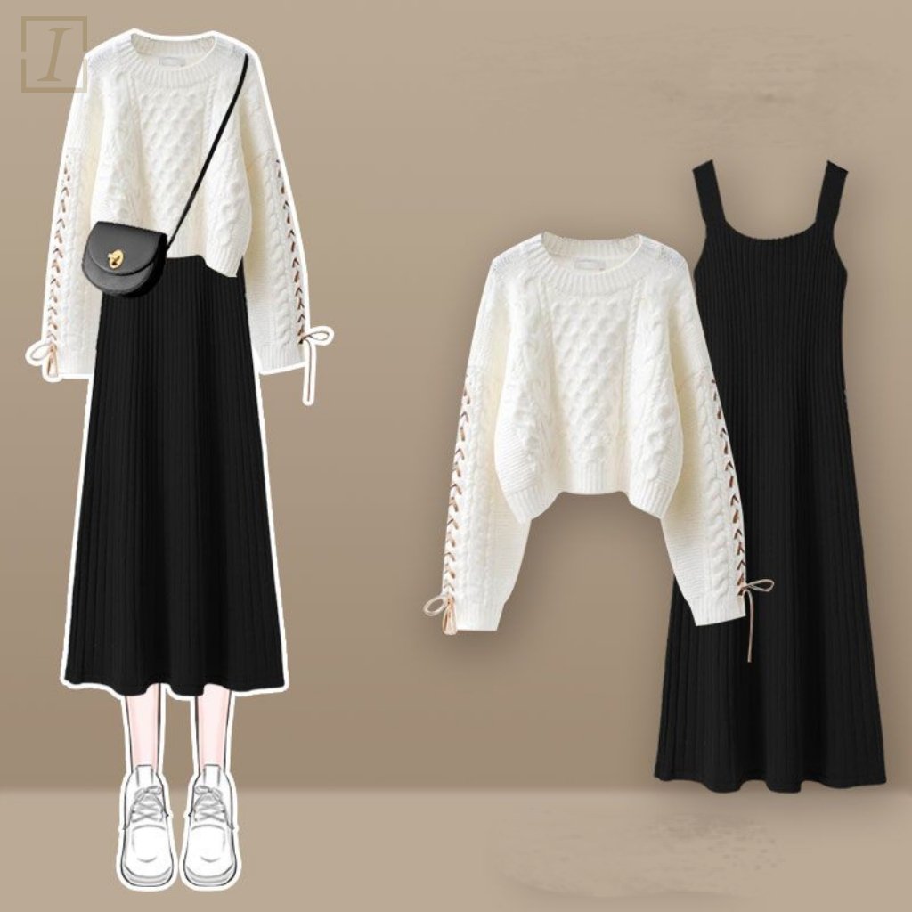 白色毛衣+黑色洋裝