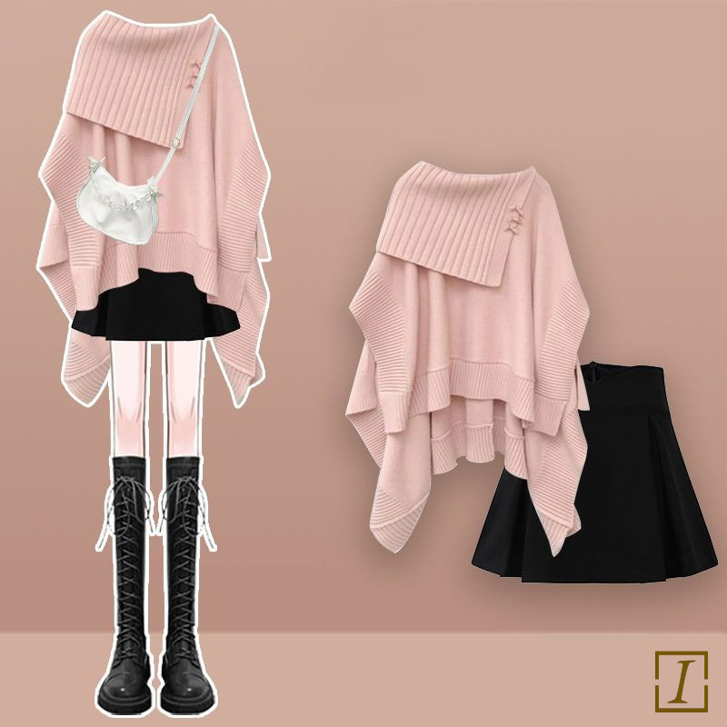 粉色/毛衣+黑色/裙類/套裝