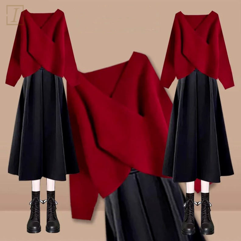 紅色毛衣+黑色裙類