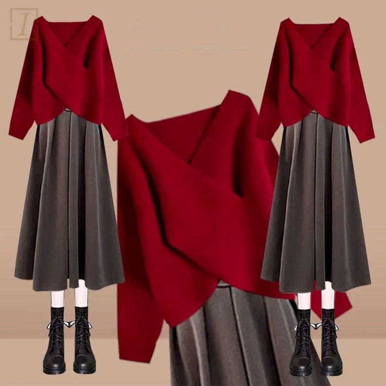 紅色毛衣+咖色裙類