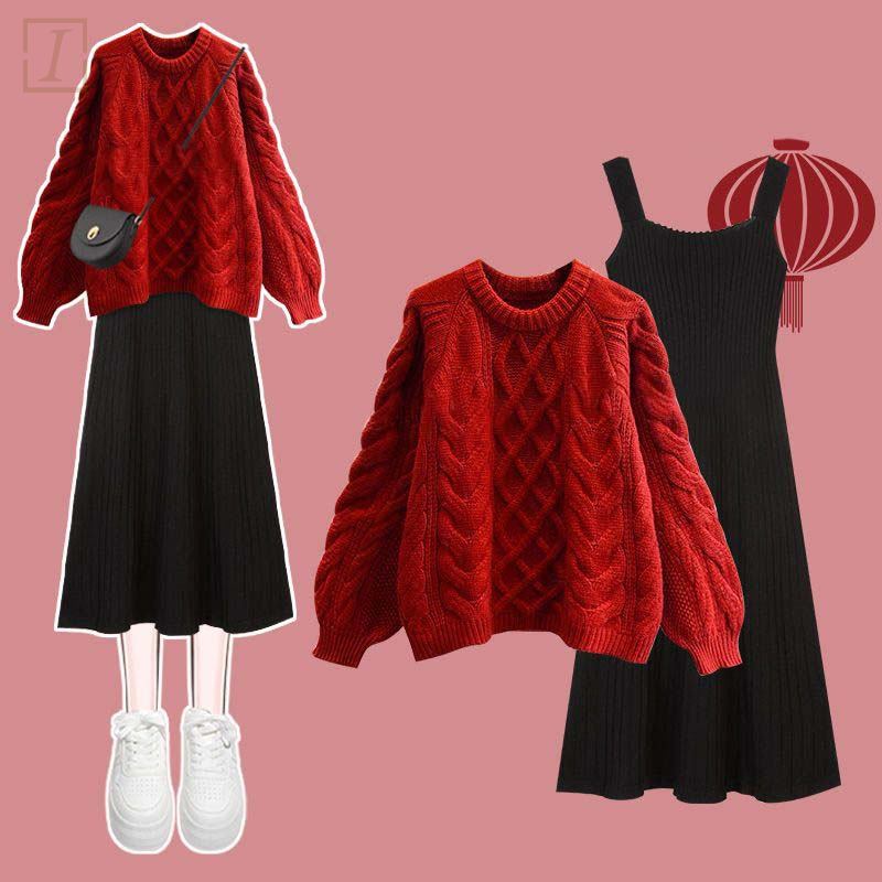 紅色/毛衣+黑色/洋裝