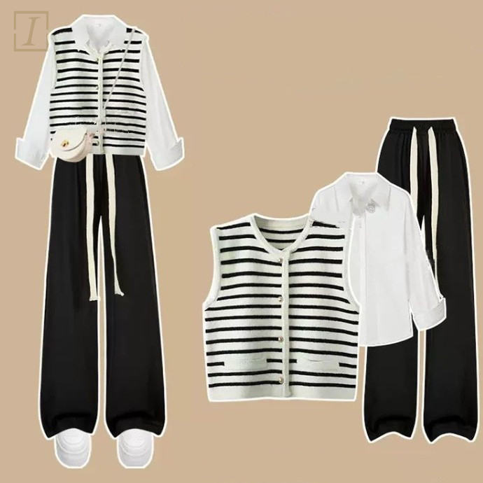 白色襯衫+條紋馬甲+黑色褲子/三件套