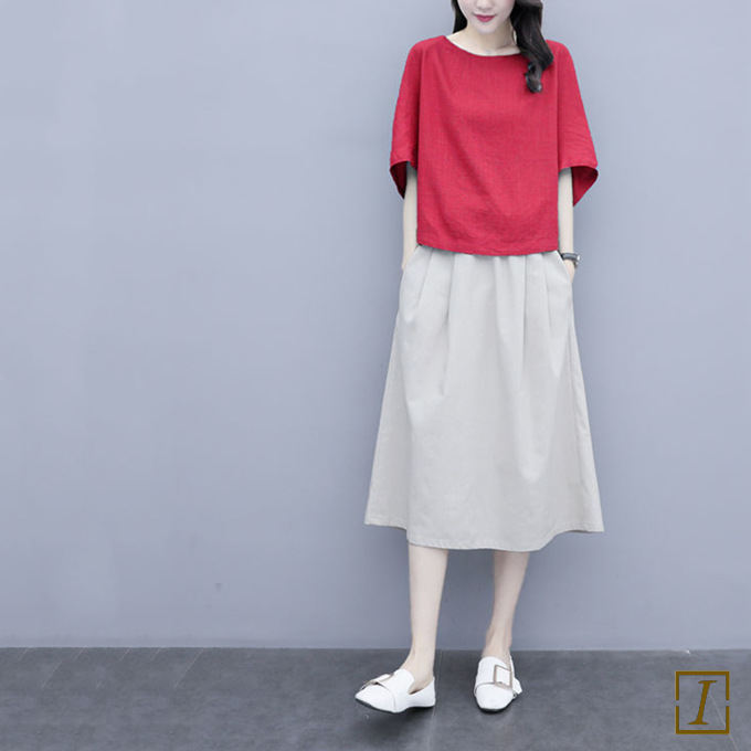 紅色/襯衫+米白色/裙類