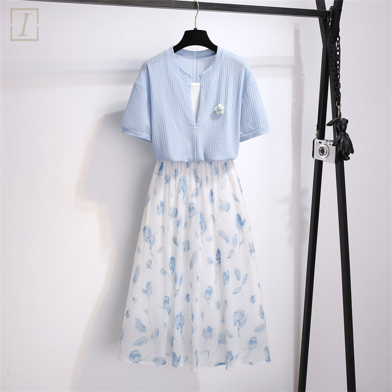 藍色/上衣+白色/裙類/兩件套